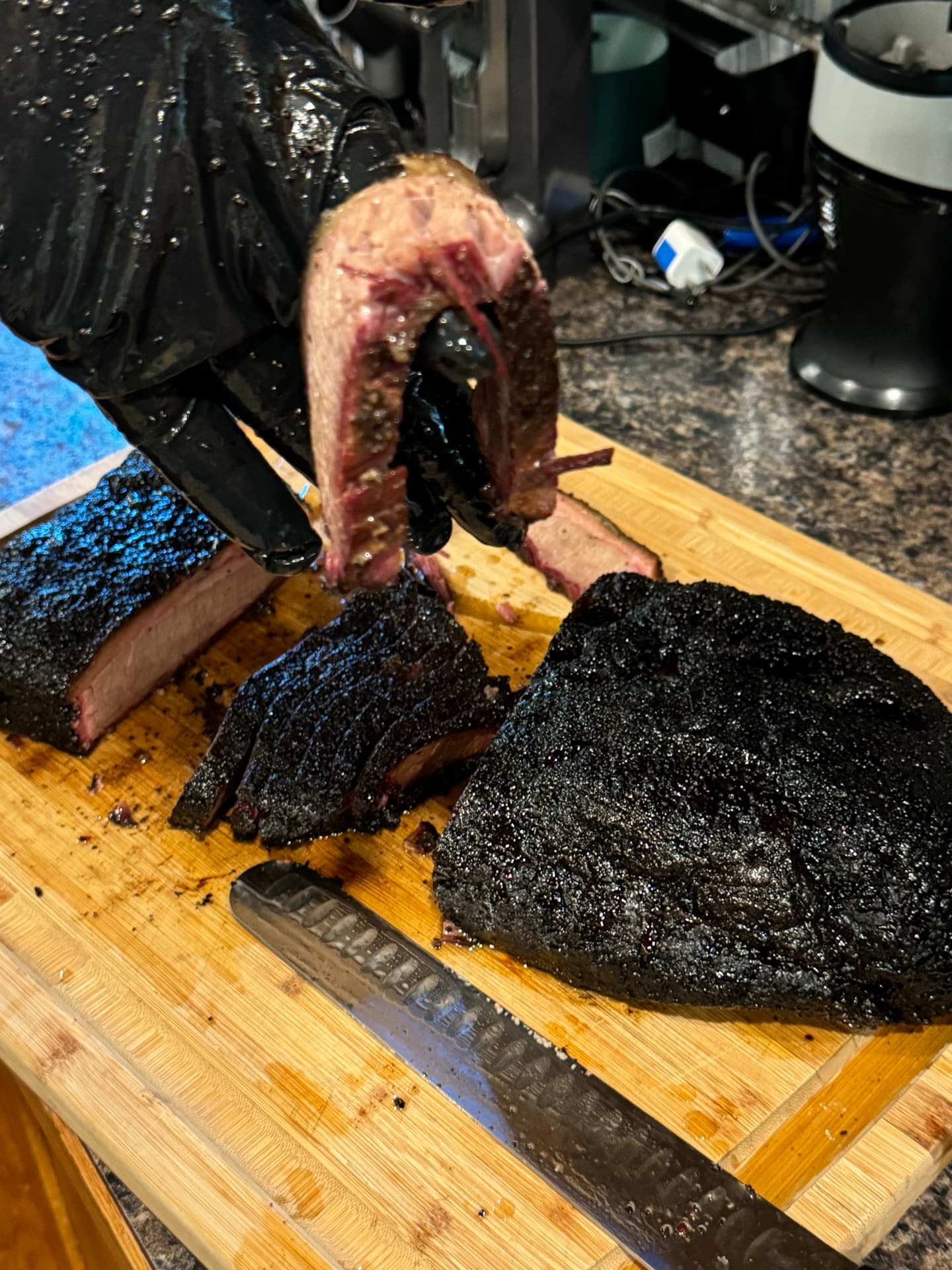 Slicing brisket on the cutting board